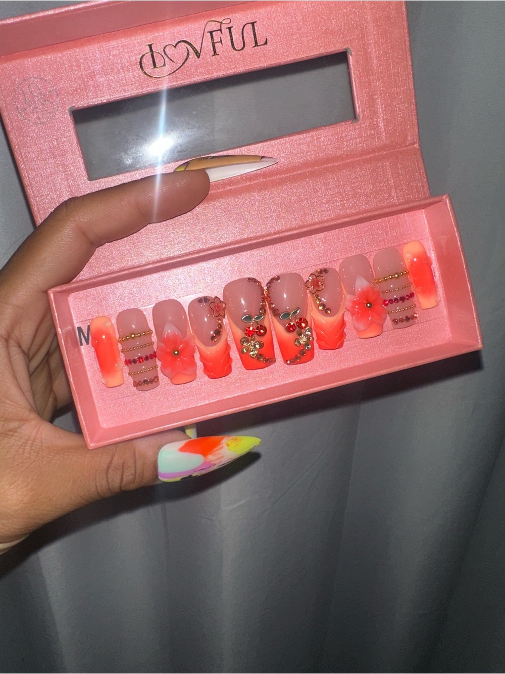 Coral Pink Embellished Press-On Nails with Floral Accents